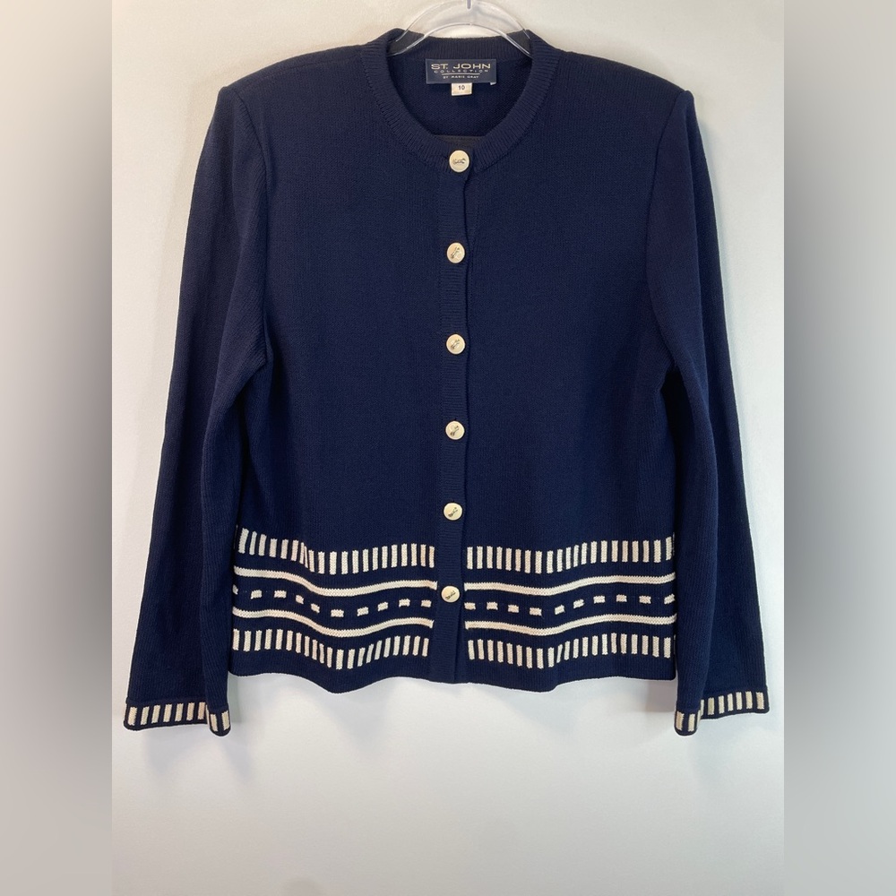 St. John Collection Button Front Sweater Blue with White Geometric Trim Sz: 10